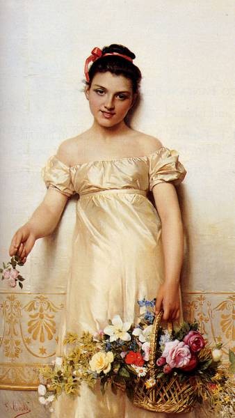 A Young Lady Holding A Basket Of Flowers